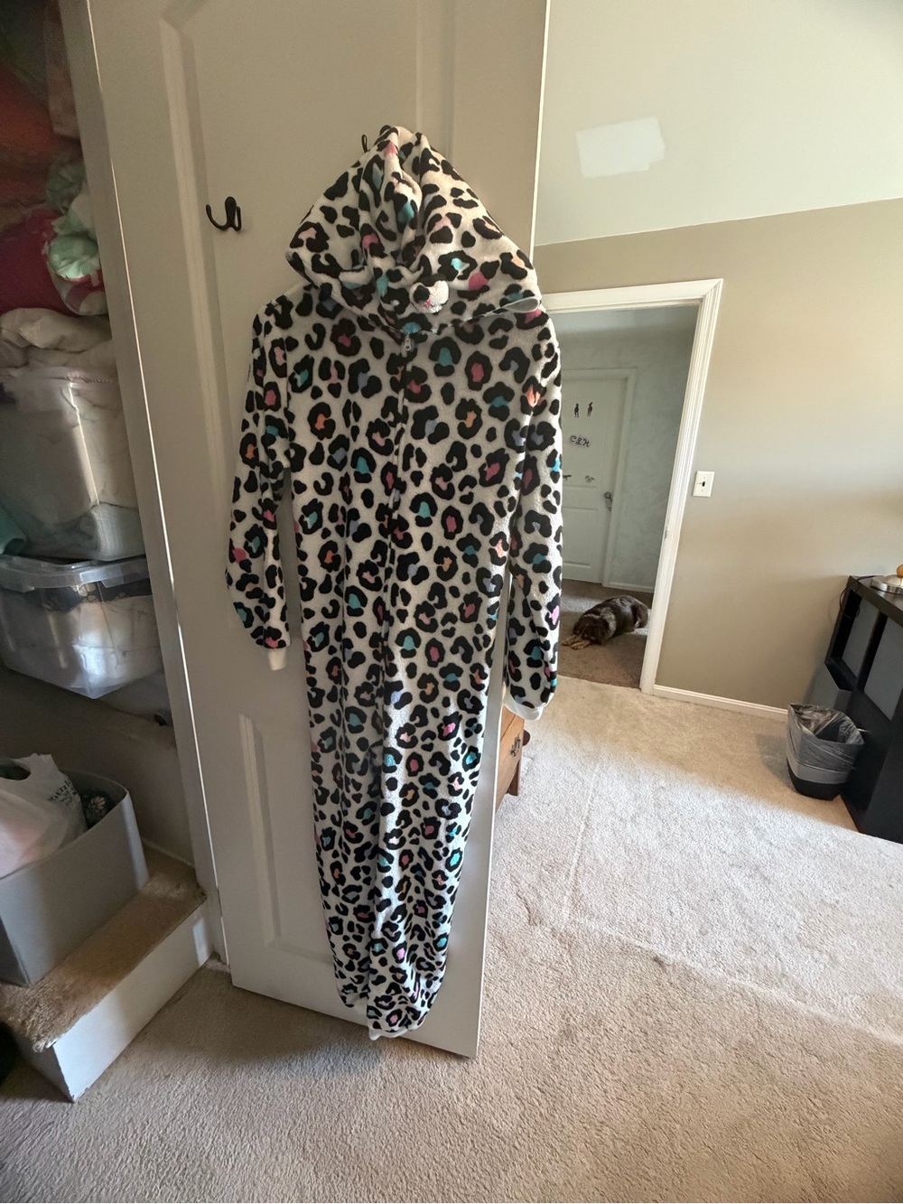 Kids Hooded Leopard Print Onesie in White and black with rainbow Spot